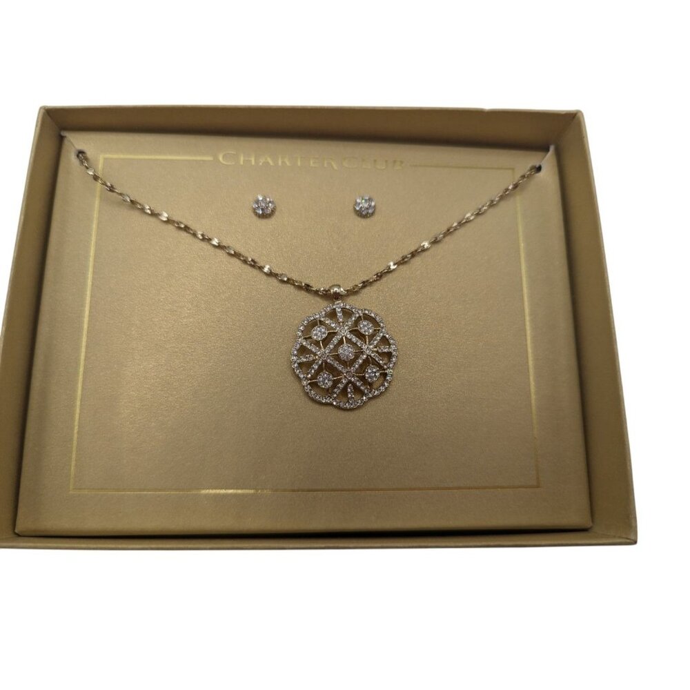 Charter Club Gold-Tone Necklace & Earring Set With Sparkling Pendant & Studs In - Picture 5 of 9